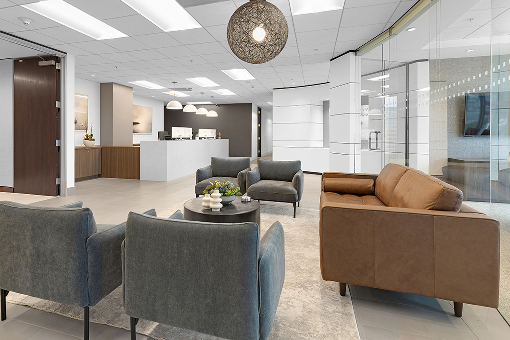 Modern reception area with comfortable seating.