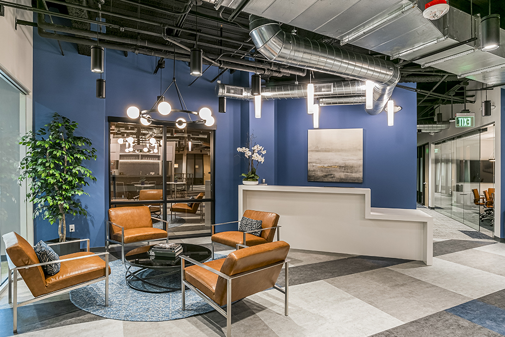 Modern office reception with seating area