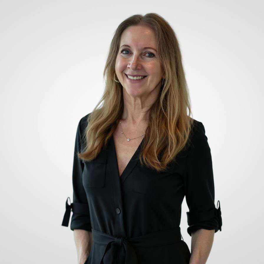 Woman in black outfit, confident pose.