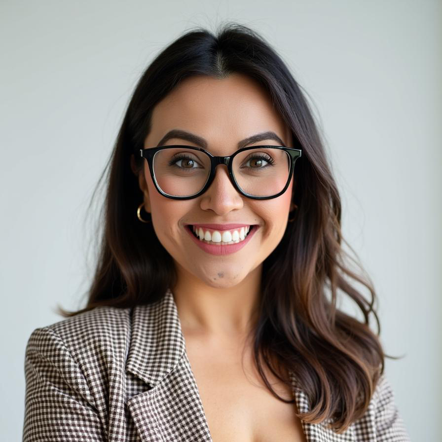Woman in stylish blazer, long hair.