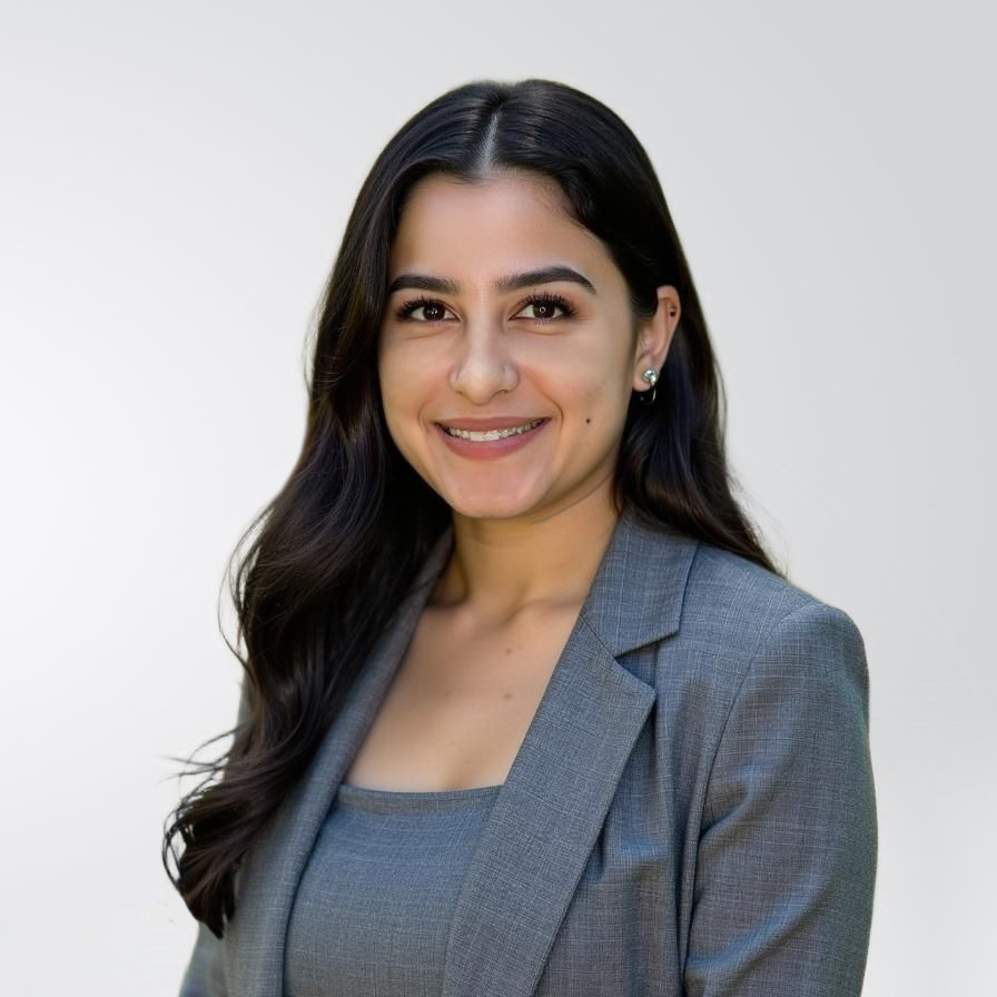 Woman in professional gray suit.