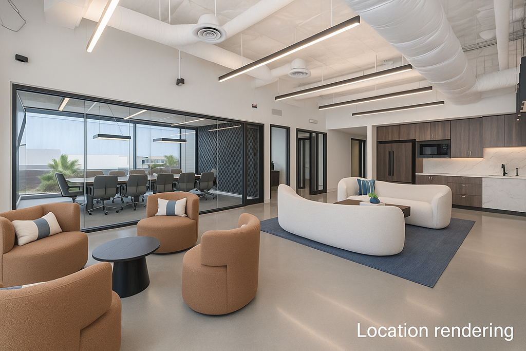 Spacious modern office lounge, glass conference room, and kitchenette