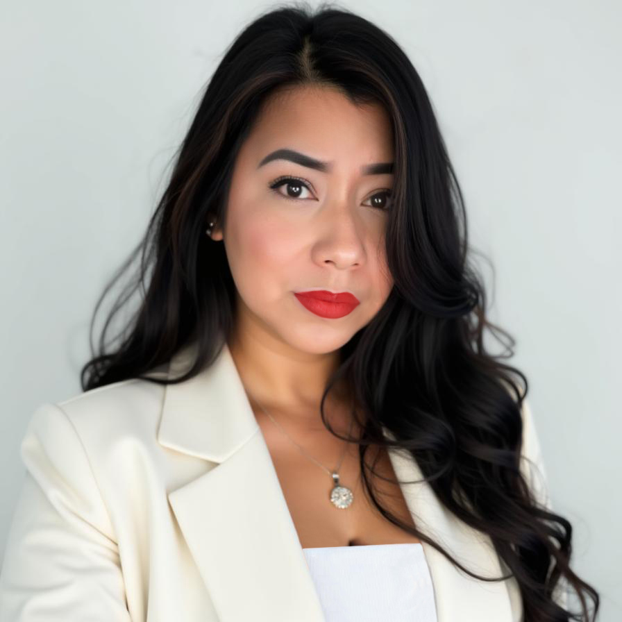 Woman in white blazer, long hair