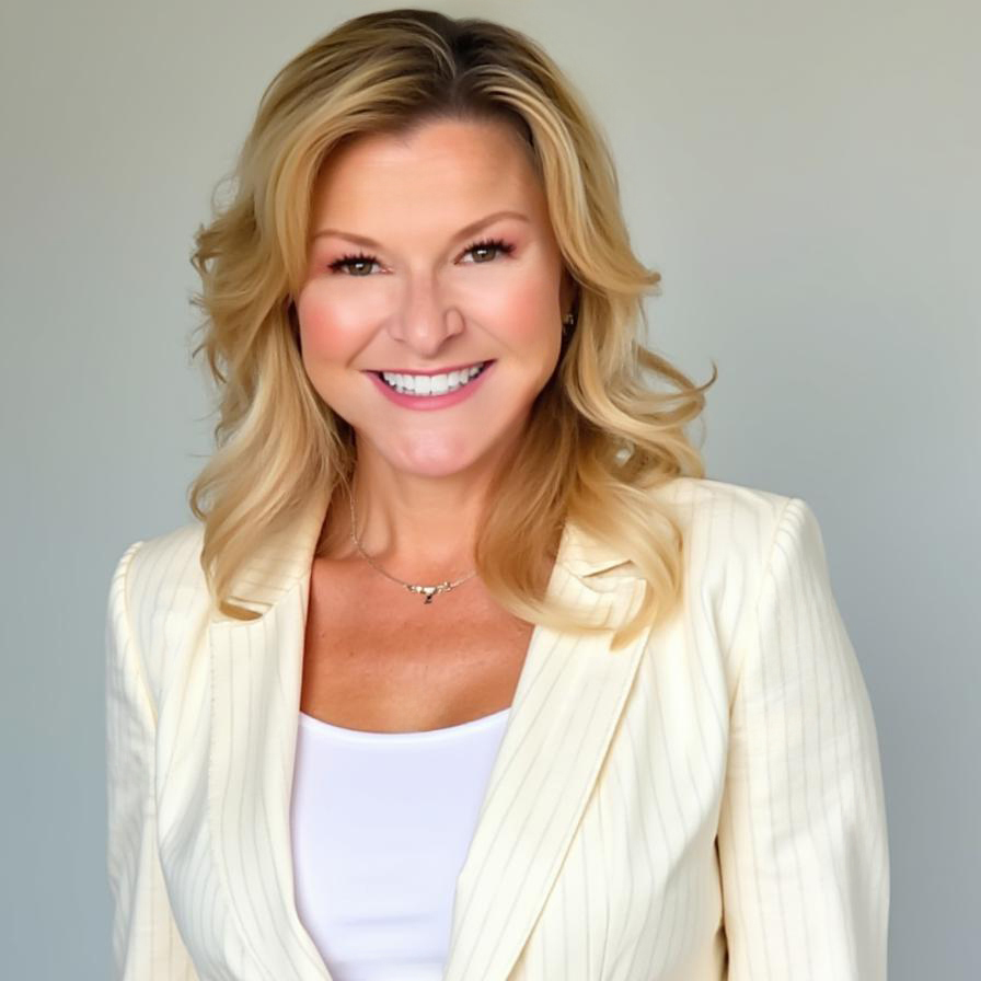 Woman in white blazer, smiling.