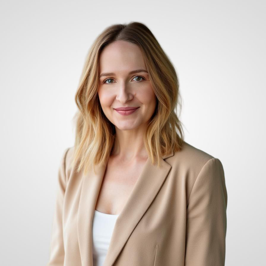 Woman in beige blazer, light background.