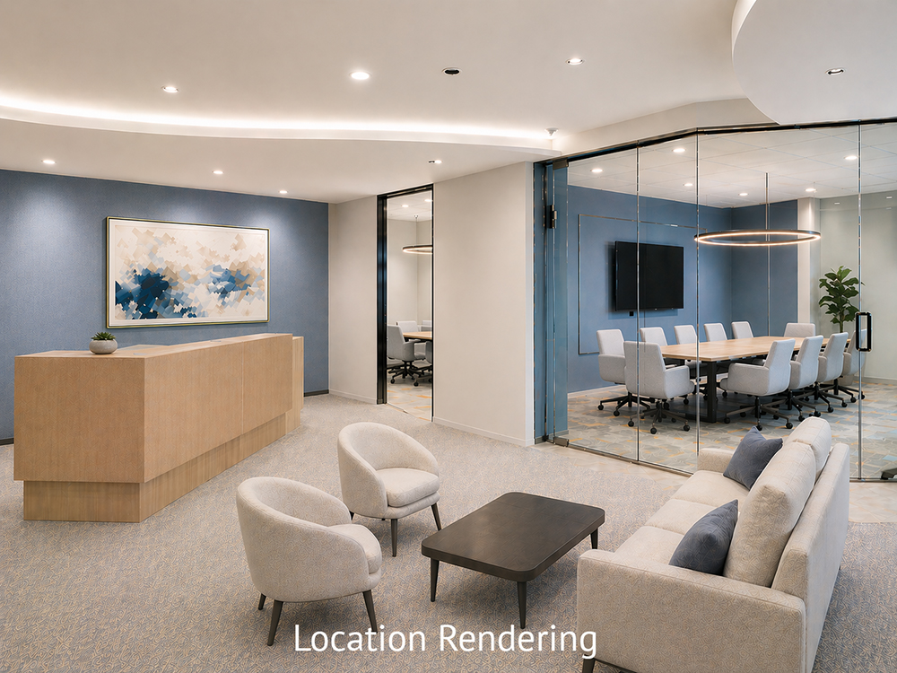 Rendering of a reception with modern furniture and glass wall conference room behind
