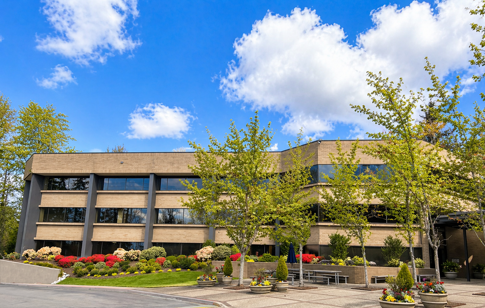 Building with green trees and blue cloudy sky