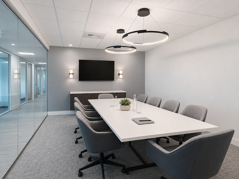 10 person conference room with white table and grey chairs