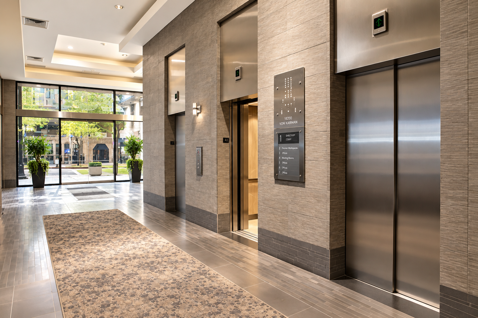 Lobby and elevators at 200 Pine Avenue