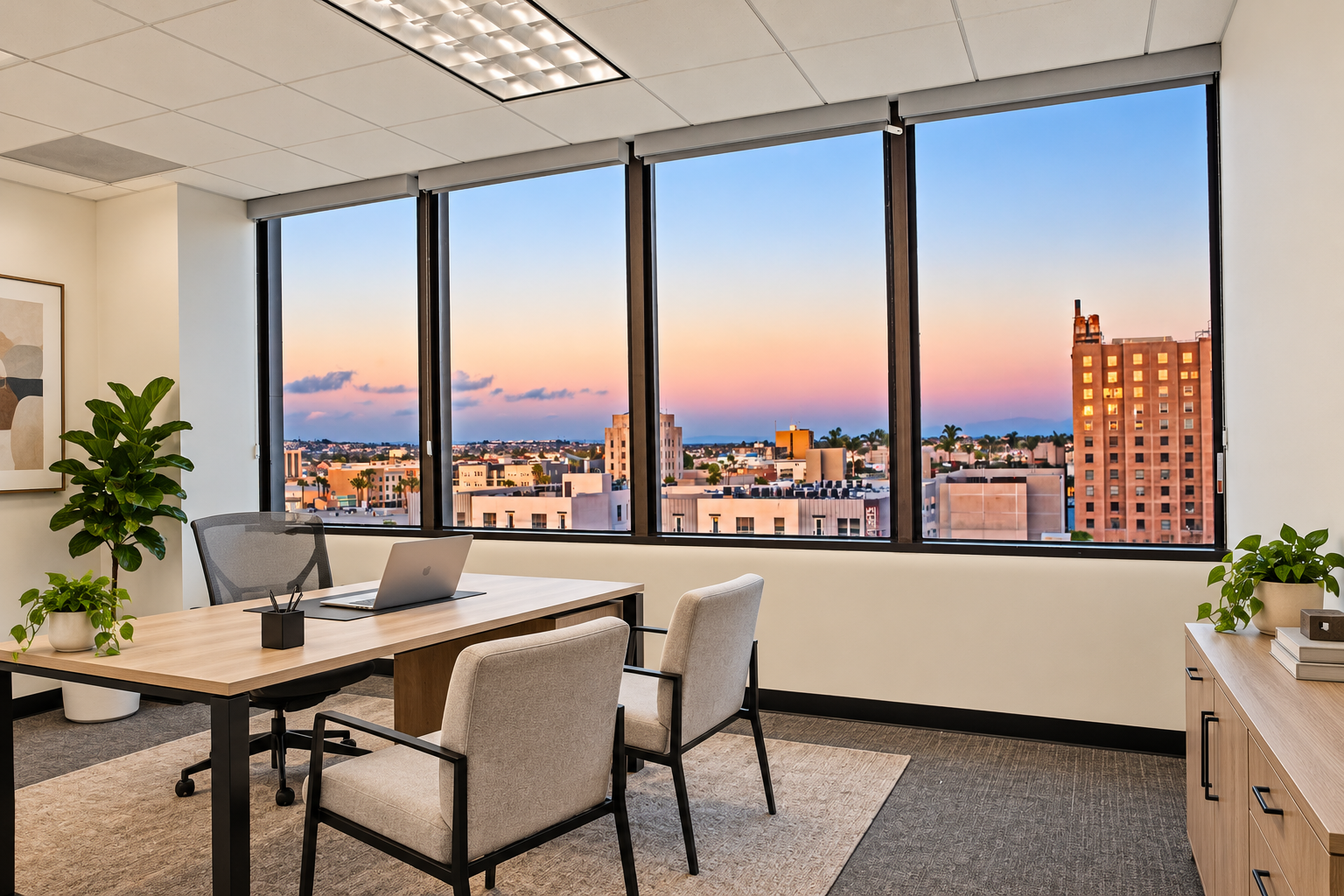 Office with sunset view at 200 Pine Avenue